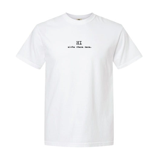HI aloha ohana mana. shorTee plumeria pearl.